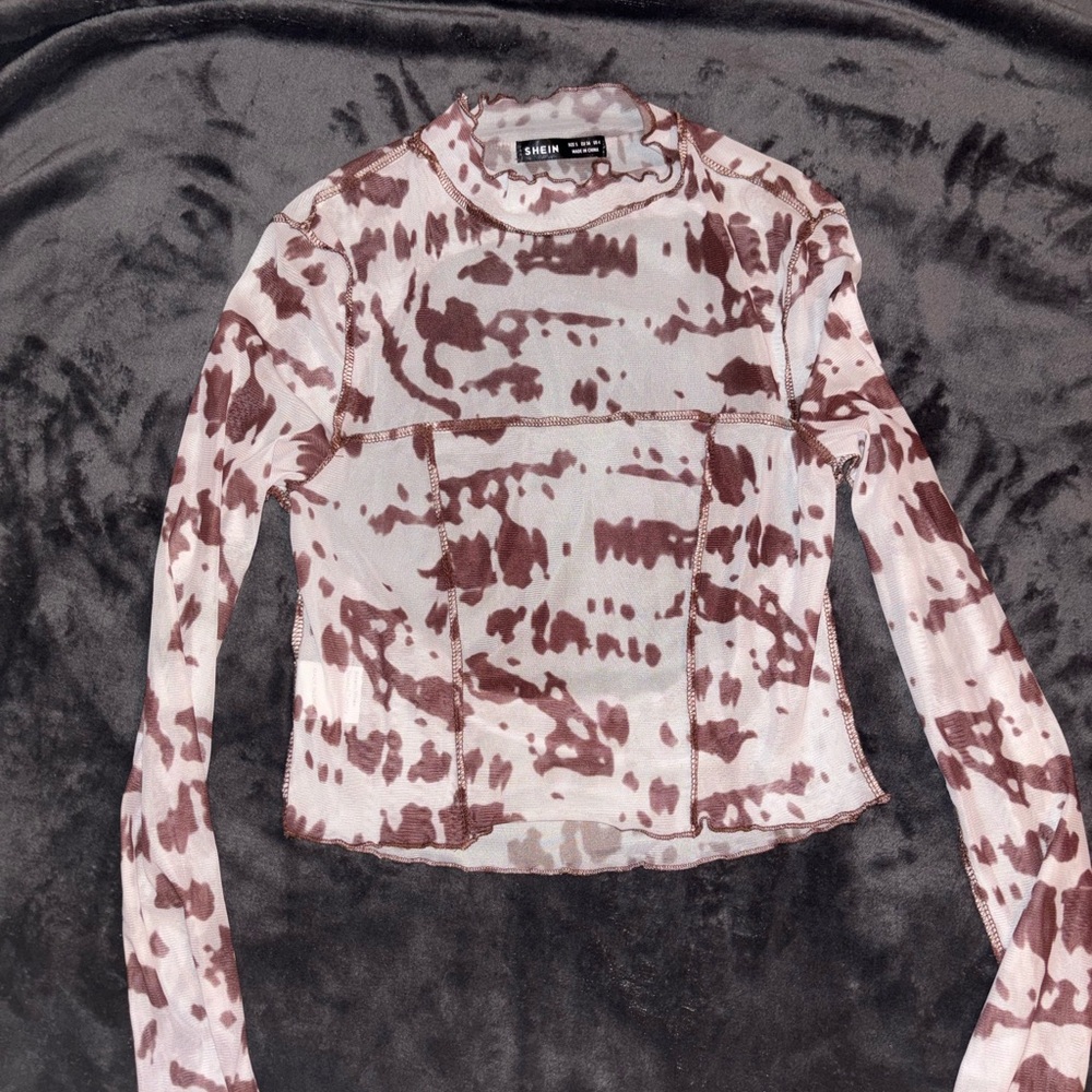 SHEIN Brown & White Tie-Dye Long Sleeve Mesh Top